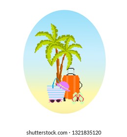 Summer vacation: suitcase, glasses, hat, beach bag, flip flops, palm trees. Pixel art. Vector illustration.