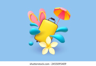 Summer vacation. Suitcase, umbrella, flip flops, plumeria flower and splash water drops. Beach relax. Tropical travel. 3D render vector realistic elements