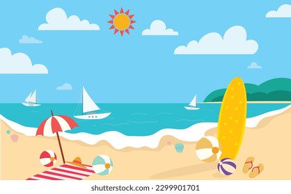 Summer Vacation. Summertime blue background with hand drawn lettering, palm trees, summer sun and white brush strokes for seasonal graphic design. Hot Sunny Days. Vector illustration.