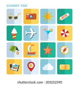 Summer vacation. Summertime icons set. Flat vector illustration.