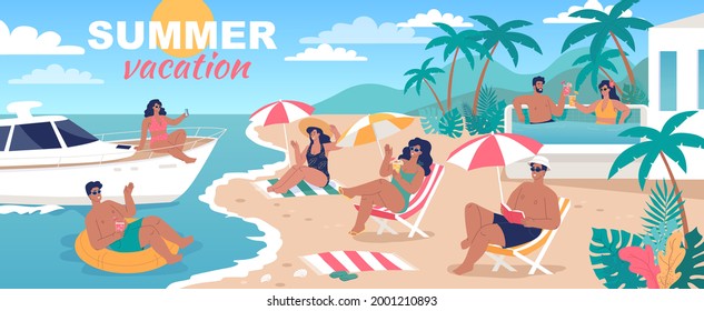 Summer vacation sunny poster illustration with crowd of people relaxing on tropical beach. Happy vacationers taking sun beds, swimming on a yacht or lifebuoy, drinking cocktails 