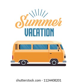 Summer vacation surf bus retro surfing vintage greeting card vertical with lettering template poster flat vector illustration