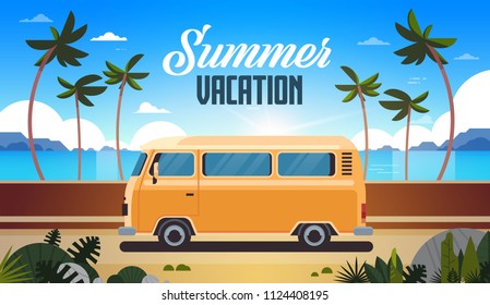 Summer vacation surf bus sunrise tropical beach retro surfing vintage greeting card horizontal with lettering template poster flat vector illustration