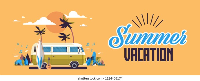 Summer vacation surf bus sunset tropical beach retro surfing vintage greeting card horizontal banner with lettering template poster flat vector illustration