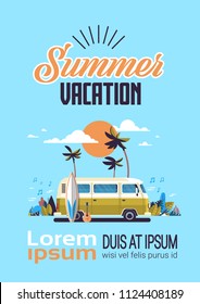 Summer vacation surf bus sunset tropical beach retro surfing vintage greeting card vertical with lettering template poster flat vector illustration