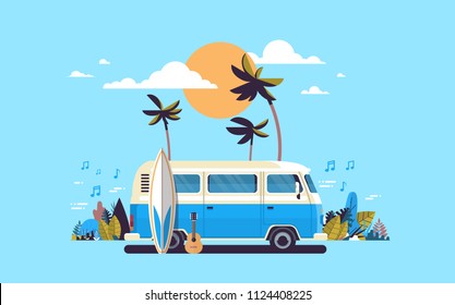 Summer vacation surf bus sunset tropical beach retro surfing vintage melody greeting card horizontal template poster flat vector illustration