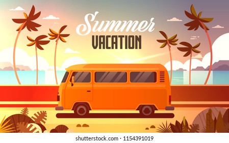 Summer vacation surf bus sunset tropical beach retro surfing vintage greeting card horizontal with lettering template poster flat vector illustration