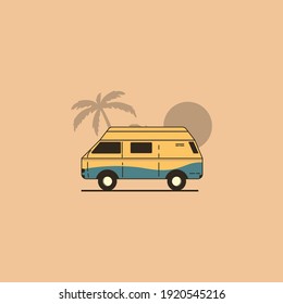 Summer vacation surf bus sunset tropical beach retro surfing vintage melody greeting card horizontal template poster flat vector illustration