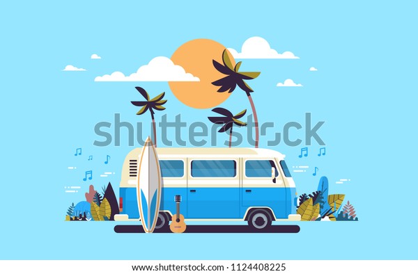 Summer vacation surf bus sunset tropical\
beach retro surfing vintage melody greeting card horizontal\
template poster flat vector\
illustration
