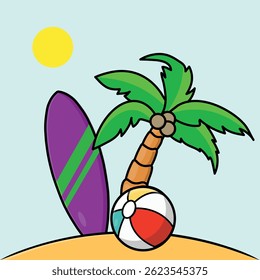 Summer Vacation surf palmtree Cartoon Vector Icon Illustration. Travel Icon Concept Isolated Premium Vector. Flat Cartoon Style 