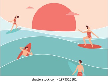 Summer vacation surf  sunset tropical beach. Poster flat vector illustration