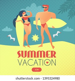 Summer Vacation. Surfers Man and Girl on the Beach with Sun, Clouds and Palm Leaves.