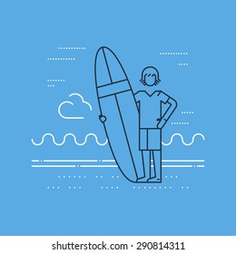 Summer vacation. Surfing camp. Surfing man instructor. Man on the beach with surf board standing vector illustration