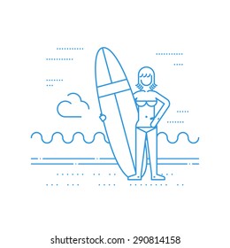 Summer vacation. Surfing camp. Surfing woman instructor. Woman on the beach with surf board standing vector illustration