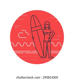 Summer vacation. Surfing camp. Surfing woman instructor. Woman on the beach with surf board standing vector illustration