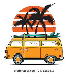 Summer vacation surfing campervan t-shirt design