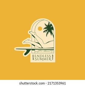 Summer vacation surfing logo or badge or label or sticker design template with girl swims on a surf in the arch. Vector illustration