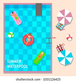 Summer vacation swimming pool top view flat poster with sunbathing people illustration