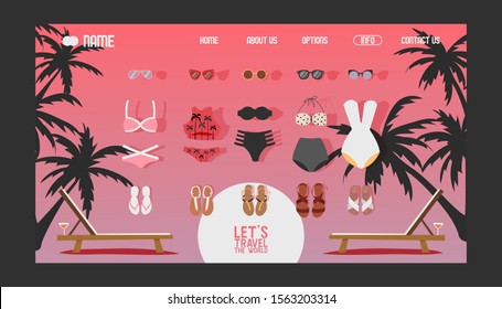 Summer vacation swimsuits for women, website design, vector illustration. Online shopping for sea and beach summer trip, icons of swimming suits, sunglasses and sandals. Landing page template