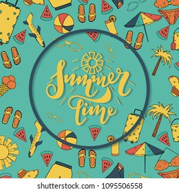 Summer vacation template with summer accessories, drink and sunglasses, vector illustration.