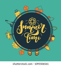 Summer vacation template with summer accessories, drink and sunglasses, vector illustration.