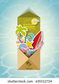 Summer vacation template with accessories, vector illustration. Summer scrapbook background