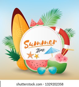 Summer vacation template with beach summer accessories.