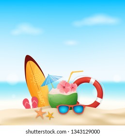 Summer vacation template with beach summer accessories.