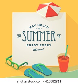 Summer Vacation Template With Beach Summer Accessories, Vector Illustration