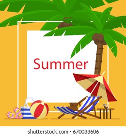 Summer vacation template with beach summer accessories, vector illustration