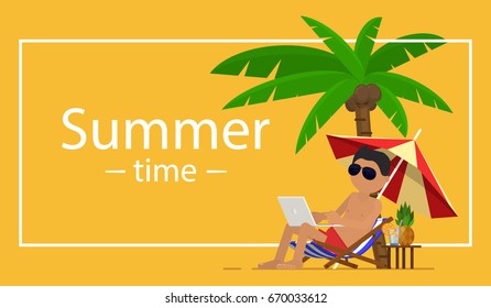 Summer vacation template with beach summer accessories, vector illustration