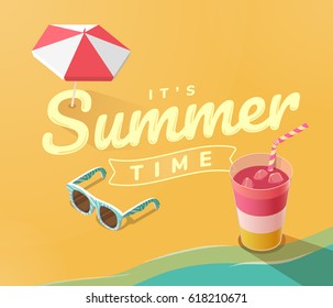 Summer vacation template with beach, sea, summer accessories, drink and sunglasses, vector illustration