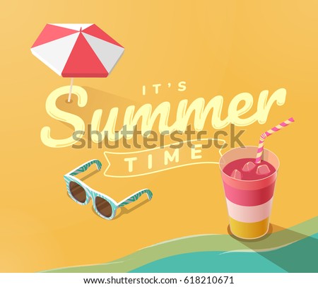 Summer vacation template with beach, sea, summer accessories, drink and sunglasses, vector illustration