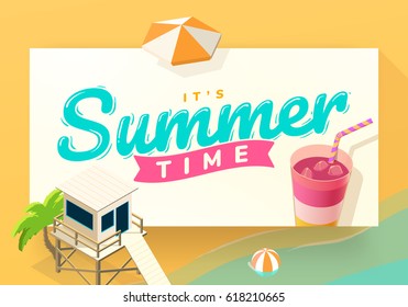 Summer vacation template on beach, with drink, lifeguard and palm, vector illustration