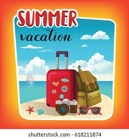 Summer vacation template poster, party, fun, travel, background, design. Vector illustration.