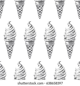 Summer vacation texture in sketch style. Vintage hand drawn illustration of ice cream. Vector seamless pattern. 