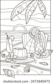 Thema Sommerferien. Sommer Strand Elemente. Vektorgrafik Line Art. Malbuch Antistress für Groß und Klein