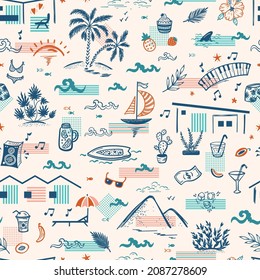 Summer Vacation theme  California architecture   nature  Holiday homes  sea  sailboat  surfing  waves  beach  palm trees  hills  plants  food  drinks   other leisure items  Vector Seamless Pattern