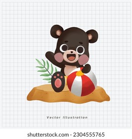Summer vacation theme. cute kawaii little black bear with a beach ball on the beach.  vector illustration