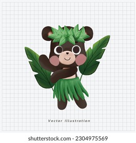 Summer vacation theme. Cute kawaii black bear dancing hawaiian hula in green grass wreath and skirt. cartoon vector illustration