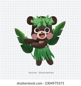 Summer vacation theme. Cute kawaii black bear dancing hawaiian hula in green grass wreath and skirt. cartoon vector illustration