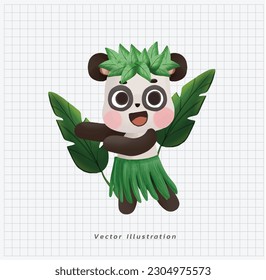 Summer vacation theme. Cute kawaii panda bear dancing hawaiian hula in green grass wreath and skirt. cartoon vector illustration