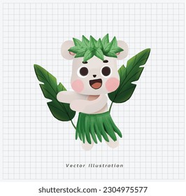 Summer vacation theme. Cute kawaii polar bear dancing hawaiian hula in green grass wreath and skirt. cartoon vector illustration