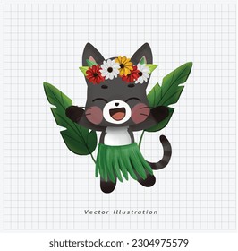 Tema de vacaciones de verano. Un gato negro kawaii lindo bailando hula hawaiana con falda verde de hierba y flores. ilustración vectorial de dibujos animados