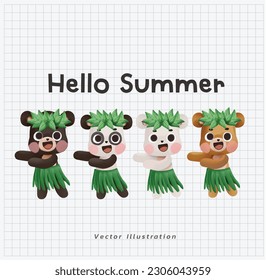 Summer vacation theme. Cute kawaii team of bear dancing hawaiian hula in green grass wreath and skirt. cartoon vector illustration