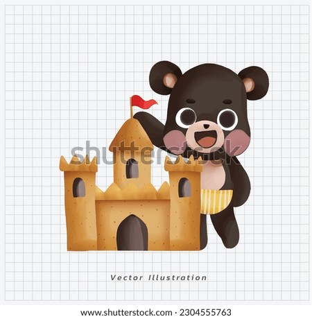 summer vacation theme. Cute kawaii animal black bear play sand castle. hand draw watercolor cartoon illustration