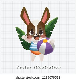 Summer vacation theme. Cute Little bunny in swimming suit with beach ball. watercolor vector cartoon illustration
