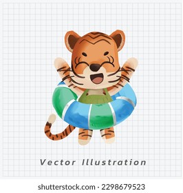 Tema de vacaciones de verano. Pequeño tigre lindo en traje de baño con un anillo de vida colorido. ilustración de cartografía de vector de color de agua