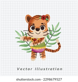 Summer vacation theme. Cute Little Tiger in swimming suit is dancing on the beach. watercolor vector cartoon illustration