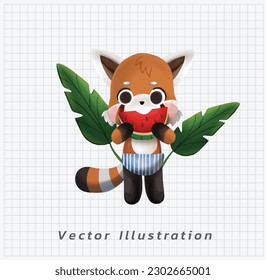Summer vacation theme. Cute Little red panda in swimming suit is eating watermelon. vector cartoon illustration